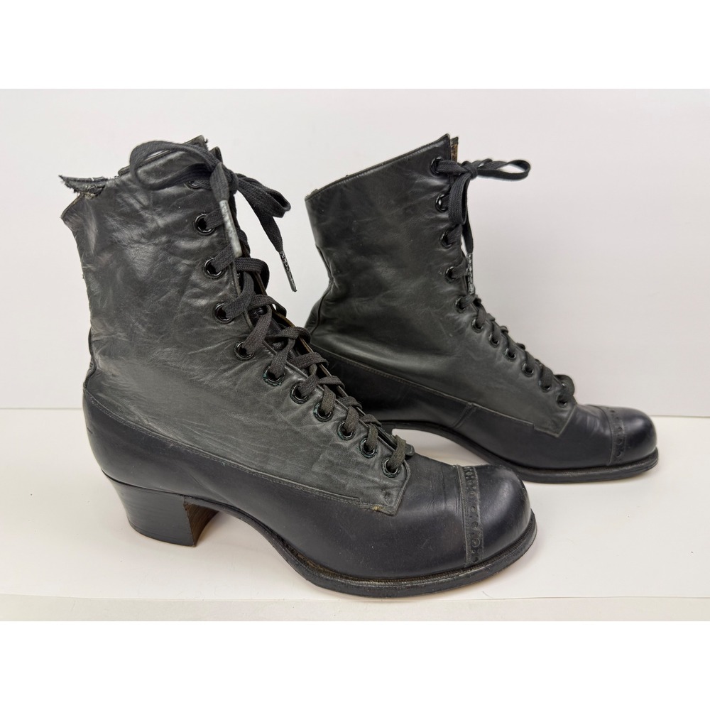 Antique Victorian Black Leather Lace Up Cap Toe Boots Edwardian Cuban Heel